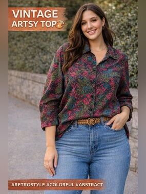 Vintage Donnkenny Blouse Large Abstract Print Button Up Colorful Retro Top